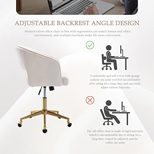 Eifizek Velvet Office Desk Chair, Modern Home Desk Chair with Wheels & Gold Base, Swivel Vanity Chair for Bedroom, Office, Living Room Vanity Study (Ivory) - color: Beige