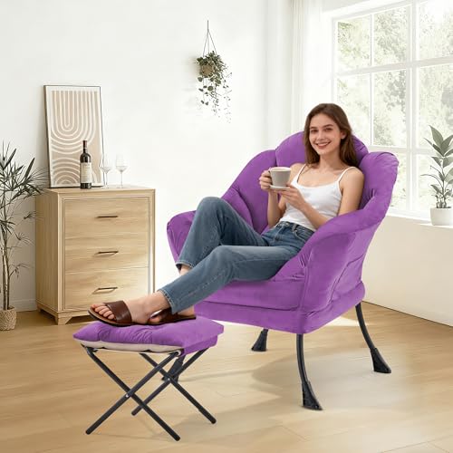 Lazy Chair with Ottoman Comfy Accent Lounge Chair with Side Pocket Cozy Chair Modern Reading Armchair with Footrest Upholstered Sofa Chair for Small Spaces Living Room Dorm Bedroom Purple - color: Purple