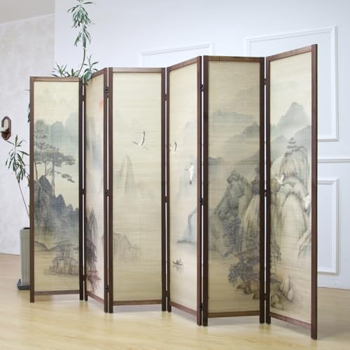 6 Panel Bamboo Room Divider, 5.6 ft Tall Double-Sided Folding Privacy Screen, Premium Thickened Wood Frame with Mountains and Waters Landscape for Home & Office (67" H x 94.5" W) - color: Mountains and Waters, size: 6 Panel