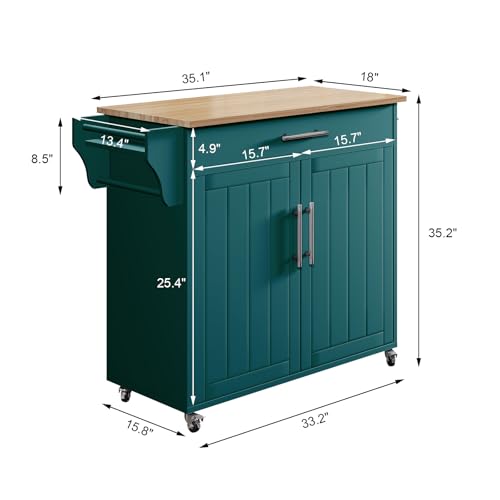 Kitchen Storage Island, Wooden Rolling Island On Wheels with Wood Top, Mobile Kitchen Island Cart with Towel Rack, Spice Rack and Drawers, Green - color: Green