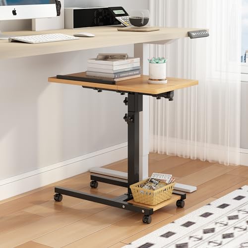 TigerDad Mobile Adjustable Height Laptop Stand PC Computer Portable Notebook Swivel Laptop Desk Rolling Table Desk Cart Tiltable with Wheels Casters& Mouse Pad Table (Wood) - color: Wood-grain