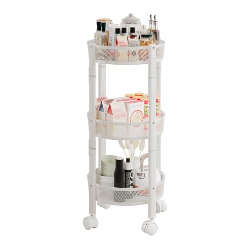 No Assemble 3 Tier Rolling Storage cart, Folding Utility cart with 2 Lockable Wheels, Multifunction Storage Organizer, Perfect for Bathroom, Kitchen, Snack, Craft (White)
