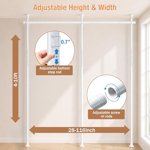 Room Divider Curtain Rod, Adjustable Room Separator for Space Partition 4-10ft(H) 28-116inch(W) Temporary No Drill Wall Room Divider Floor to Ceiling Tension Rod, White - color: White, size: 116