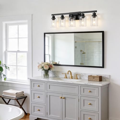 5-Light Black Bathroom Vanity Light, Modern Vanity Lighting Fixture for Bathroom, 31" Matte Light Fixture, Wall Sconces with Clear Glass Shade, Black Bathroom Wall Light Over Mirror - color: Black, size: 5-light