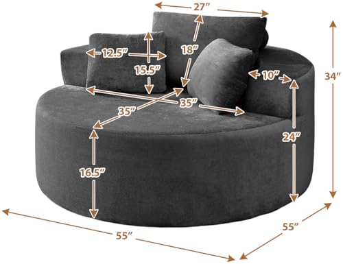 55" Oversized Round Chaise Longue Chair Indoor, Upholstered Terry Circle Single Cloud Reading Sofa Chair Deep Seat Modern Boneless Sleeper Couch No Assembly Required, Grey - color: Grey, style: 55"Terry