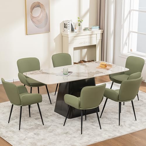 VKNOW Modern Faux Leather Dining Chairs Set of 6 with Armrest, Green | Armed Dining Room Chairs with Metal Legs, Kitchen Chairs for Restaurant Kitchen Living Room - color: Green-leather, size: Set of 6