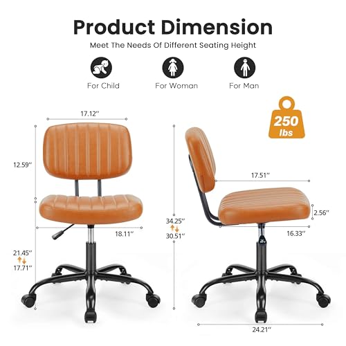 YSSOA Home Office Desk Chair Small Computer Chair Ergonomic with Low Back Lumbar Support, Height Adjustable Armless PU Leather Vanity Stool 360° Swivel Rolling Chair, Brown - color: Brown