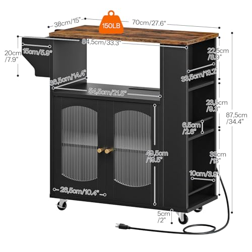 HOOBRO Kitchen Island with Power Outlet, Rolling Kitchen Island with Glass Doors and Open Storage Shelf, Island Table with Spice Rack, Towel Rack for Kitchen, Rustic Brown and Black BF53UZD01