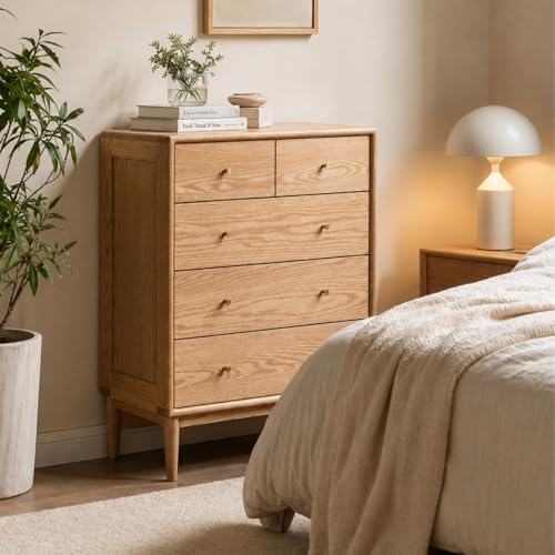 100% Solid Wood Nightstand, 5 Drawer Nightstand for Bedroom, Solid Wood Large Storage Organizer, Modern Clothes Storage for Bedroom,Living Room, Closet, Natural Oak (24" W x 16" D x 31" H) - color: Walnut-18.5"d