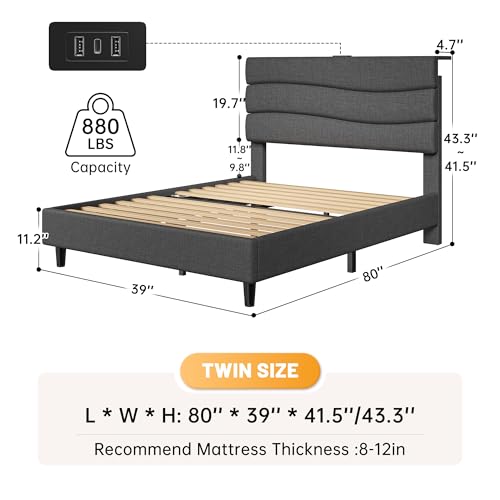 EnHomee Twin Bed Frames with Upholstered Headboard & Charging Station | Adjustable height, Wave design, 2 USB & 1 Type-C ports, Under-bed storage, Noise-free, No box spring needed, Grey - color: Grey, size: Twin
