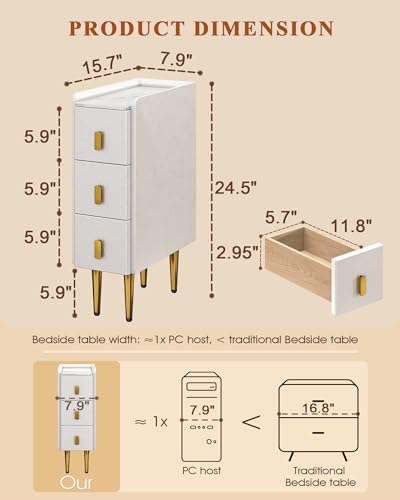 Narrow Nightstand with Drawers, 7.9" Narrow Bedside Table for Bedroom | Solid Wood Narrow Night Stand with Sintered Stone Top & Leather Surface, Slim Nightstand for Small Spaces, White - color: White, size: 15.7''×7.9''×24.5''