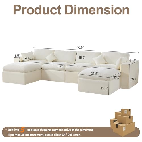 146''Cloud Boneless Sectional Couch, Modular Sectional Sofa Deep Seat with 2 Ottomans, Oversized Upholstered Convertible Comfy 6 Seater Chenille Sofa U Shape Couches for Living Room, Beige - color: Beige, size: 146"/4 Seater+2 Ottoman