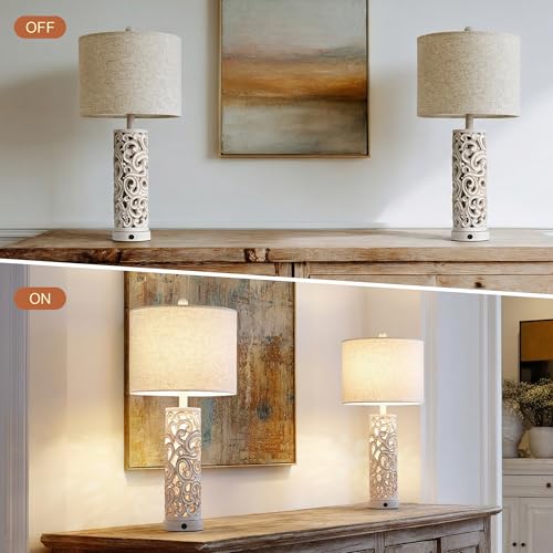 2-in-1 Light Table Lamp Set of 2 for Living Room, 28.5" Farmhouse Bedside Lamps with USB Charging Port, Main&Night Light & Dual Switches, Nightstand Lamp for Bedroom Home Office(Bulb Included) - color: Matte White