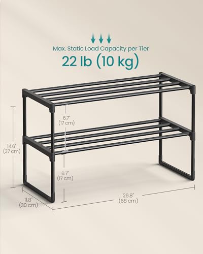 SONGMICS 신발장, 2단 신발 정리함, 금속 보관 선반, 수직 또는 거꾸로, 6-9쌍, 쌓을 수 있음, 입구용, 29.5 x 66.8 x 36.6cm(11.8 x 26.8 x 14.6인치), 블랙 ULSA202B01 - color: 블랙., size: 2 Tiers (26.8"W)