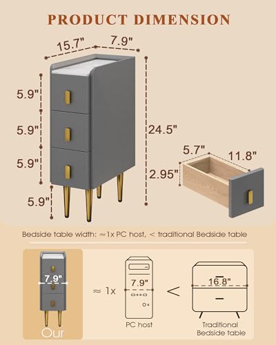 Narrow Nightstand with Drawers, 7.9" Narrow Bedside Table for Bedroom | Solid Wood Narrow Night Stand with Sintered Stone Top & Leather Surface, Slim Nightstand for Small Spaces, Gray - color: Grey, size: 15.7''×7.9''×24.5''