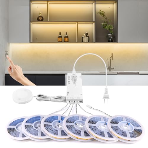 AIMENGTE Cabinet Light 12V COB LED Strip Lights, 6-in-1 Penetrable Touch Dimming, Suitable for Wine Cabinets, Shoe Racks, Display Cabinets, Wardrobes, Kitchen Cabinets, and Showcase Lighting - color: Warm White 3000K, size: 6 X 6.6ft