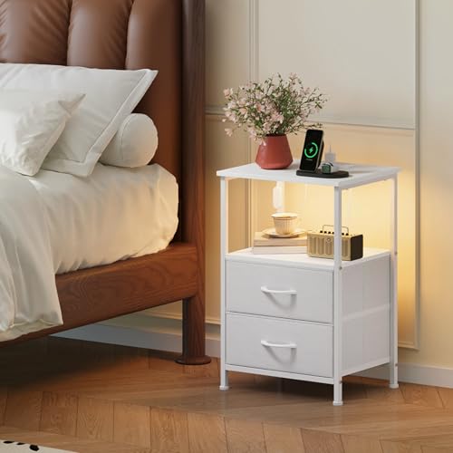 Somdot Nightstand with 2 Drawers, Charging Station & LED Light | Fabric-Bin Dresser for Bedroom, Bedside, Kids Room, Dorm, Closet, Laundry and Entryway, White - color: White, size: 11.8"D x 15.7"W x 23.6"H (2 Drawers)