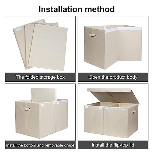 122L Large Toy Box Chest Storage with Lid, Collapsible Kids Toy Storage | Toy Chest with with Removable Divider for Kids, Boys, Girls, Nursery, Living Room, Bedroom, 26"x17" x17" (Linen Beige) - color: Extra Large Beige