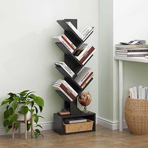 Hoctieon 6 Tier Tree Bookshelf, Tall Bookcase with Drawer, Freestanding Book Shelf, Display Floor Standing Storage Shelf, Book Organizer Shelves for Home Office, Living Room, Bedroom, Black - color: Black, size: 6 Tier