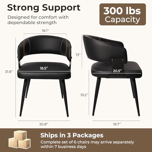 Dining Chairs Set of 6, Modern Upholstered Faux Leather Kitchen Chairs with Curved Back, Easy to Assemble & Clean for Dining Room, Restaurant, Cafe, Black - color: Black, size: Set of 6