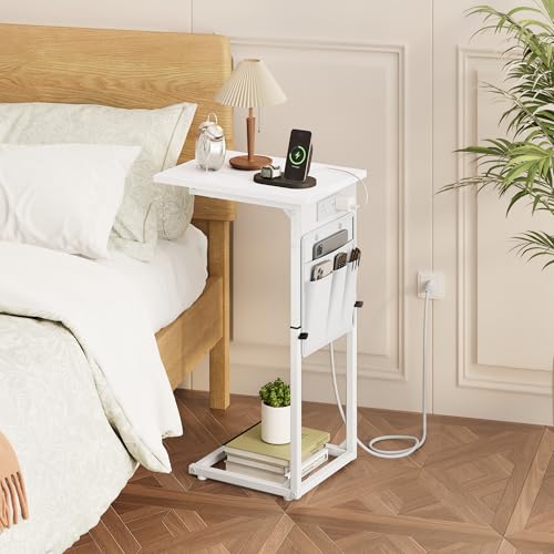 C Shaped End Table with Charging Station, Adjustable Height Side Table for Couch, Small Sofa Table for Small Spaces, Slide Under Sofa Table TV Tray Arm Tables for Living Room, Bedroom, White - color: White, style: With Plug