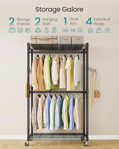 SONGMICS Heavy-Duty Rolling Clothes Rack, Garment Rack, Portable Closet on Wheels, with Adjustable Mesh Shelves and Hanging Rails, Hooks, 15.8 x 35.4 x 78.3 Inches, Ink Black ULGR416BH01 - size: 35.4"W