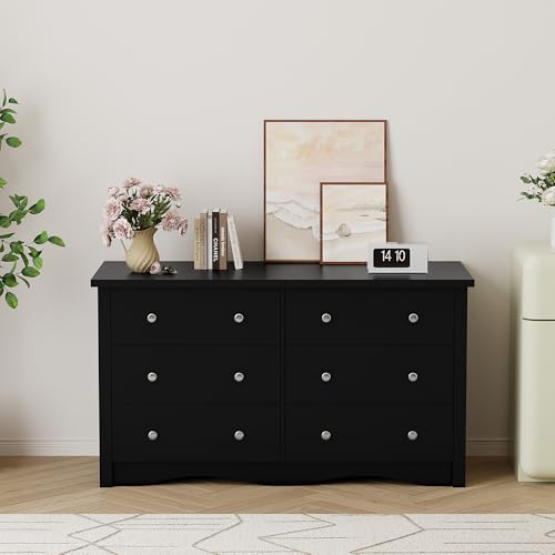 YESHOMY Black Dresser, 6 Drawers Dresser for Bedroom, Modern Chest of Drawers, Wooden Dressers, TV Stand for Living Room,Closet, Hallway