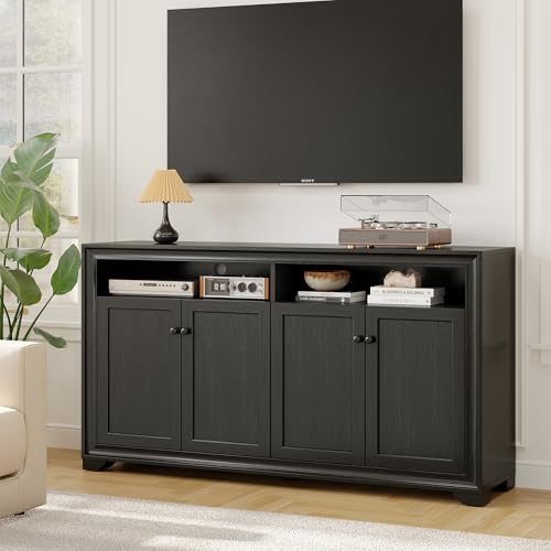 60 Inches Sideboard Buffet Cabinet with Storage and 4 Doors, Black | Large Sideboard Kitchen Cabinet with Open Shelf & Adjustable Shelf, Kitchen Coffee Bar Console Table for Living Room, Hallway - color: Black