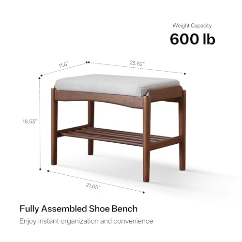 Black Walnut Shoe Bench Assembled, Solid Wood Shoe Rack Bench with Cushion for Entryway, Living Room, Bedroom, Hallway, 11.8" x 23.6" x 16.5" - color: Grey Cushion, size: 23.6"W
