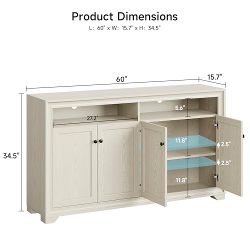 60 Inches Sideboard Buffet Cabinet with Storage and 4 Doors, White | Large Sideboard Kitchen Cabinet with Open Shelf & Adjustable Shelf, Kitchen Coffee Bar Console Table for Living Room, Hallway - color: White