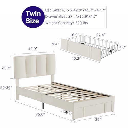 VECELO Twin Bed Frame with Storage Drawer, Heavy-Duty Platform Bedframe with Headboard & Strong Wooden Slats Support, No Boxing Spring Needed, Pala Beige - color: Pale Beige, size: Twin, style: Bed Frame With Drawers