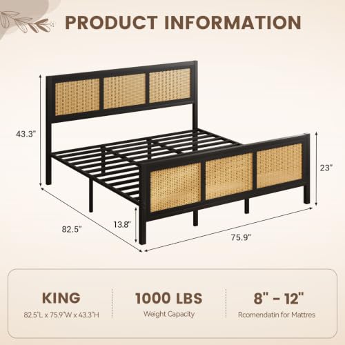 IMMERSTABLE Rattan King Bed Frame with Headboard and Footboard, Boho Metal Platform Bed Frame King Size with 13.8 in Under Bed Storage, Heavy Duty Metal Slat Support, No Box Spring Needed, Black - color: Black, size: King