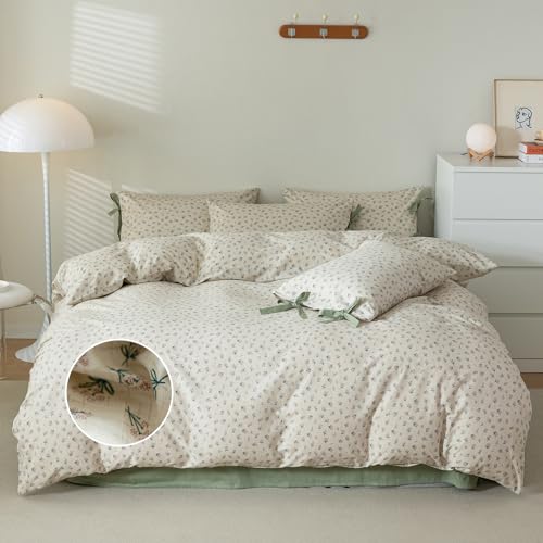 mixinni Country Style Duvet Cover Twin Size - Cottagecore Green Floral Vintage Bedding 3PC with Bow Ties Pillowcases, 100% Cotton Soft Aesthetic Boho Comforter Cover for Girls-Twin XL Size - color: A4 # Bowknot - Bloom Green Floral, size: Twin(68" x 86")