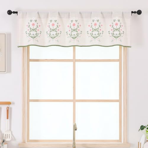 Chyhomenyc Floral Valances for Windows - Light Filtering Faux Linen Small Valance Curtains, Boho Flower Printed Farmhouse Valance for Bathroom Basement, 52Wx14L, 1 Piece - size: 52"W x 14"L (Pack of 1)