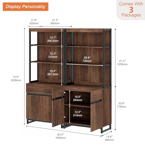 WAMPAT 2 PCS Modern 72" Tall Bookshelf with Metal Base and Adjustable Shelves, Library Bookcase with Storage Cabinet and Open Book Shelfs, Wood Bookshelves for Home Office, Living Room, Brown - color: Brown-a, size: 2 PCS