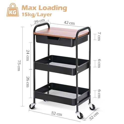 TOOLF 3-Tier Utility Rolling Cart with Wooden Board and Drawer, Metal Storage Cart with Handle, Black Trolley Kitchen Organizer Rolling Desk with Locking Wheels for Office, Classroom, Home, Bedroom - color: Black