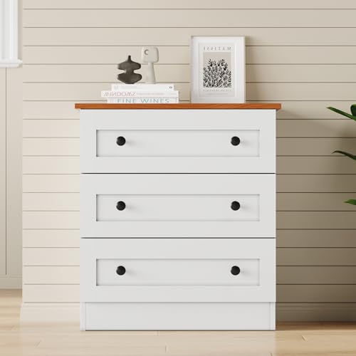 Furnify Farmhouse 3 Drawer Dresser, Small Chests of Drawers, White & Walnut | Farmhouse Wood Nightstand Bedside Cabinet End Table, Modern Closet Storage Organizer for Bedroom, Living Room - size: 11.8"D x 22.8"W x 25.2"H (3 Drawers)
