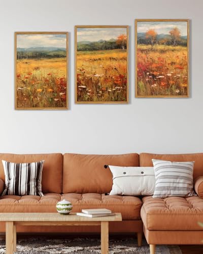 UPWOIGH Autumn Meadow Framed Wall Art, 16 x 24 Inch, Set of 3 | Golden Wildflower Meadow Prints, Warm Autumn Landscape Design, Light Wood Frames for Living Room, Dining Room and Office - color: Gold Autumn, size: 24"L x 16"W