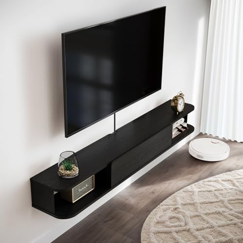 Pmnianhua Floating TV Stand with Drawer,74'' Wall-Mounted TV Cabinet,Floating TV Console,Under TV Entertainment Shelf with Storage for Bedroom Living Room(Black)