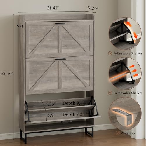 BORNOON Shoe Cabinet with 3 Flip Drawers Narrow Shoe Storage Cabinet Organizer Wooden Freestanding Shoe Rack Hidden Slim Shoes Storage Cabinet for Entryway, Hallway, Living Room, Bedroom - color: Grey, size: 3-Drawer