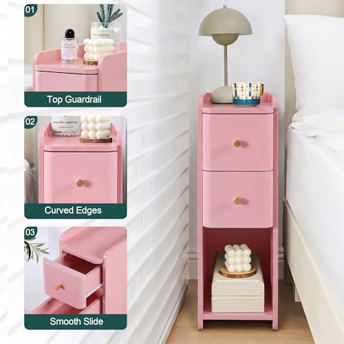 Narrow Nightstand Set of 2, Wooden Small 2 Drawer Nightstand, Slim Side End Table, Skinny Bedside Table, Mid Century Modern Night Stand with Drawers for Bedroom (Pink-1 pc) - color: Pink-1 Pc