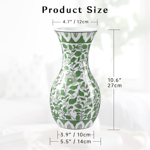 Green and White Ceramic Vase 11" Chinoiserie Flower Vase in Wide Mouth | Hand-Painted Floral Motif, Triple-Fired Glazed Ceramic, Vintage Chinoiserie Decor for Home Decor Bookshelf Side Table Desk - color: #Green Floral Texture