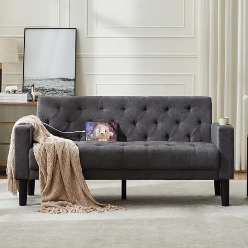 TYBOATLE 157.5cm(62인치) W 2인용 소파 USB 충전기 포트 2개와 컵홀더 2개 포함 | Mid-Century 모던 터프트 리넨 원단 작은 러브 시트 카우치 컴팩트한 거실, 침실, 아파트, 기숙사용 - color: 다크 그레이.