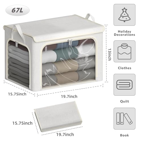 4 Pack Clothes Storage Bins with Metal Frame - 66L Stackable Storage Box with Lid,Foldable Storage Container Organizer for Clothes,Linen Fabric Storage Box with Clear Window&Zippers&Handles - color: Light Grey, size: 67L