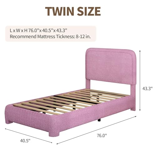 BarnFurin Twin Bed Frame, Cloud Boucle Headboard, Low Profile, Rose Pink | Soft boucle and rounded edges create a low-profile cloud look. Wooden slats support the mattress without a box spring - color: Rose Pink, size: Twin