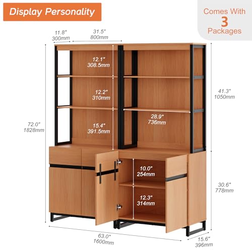 WAMPAT 2 PCS Modern 72" Tall Bookshelf with Metal Base and Adjustable Shelves, Library Bookcase with Storage Cabinet and Open Book Shelfs, Wood Bookshelves for Home Office, Living Room, Mocha - color: Mocha-a, size: 2 PCS