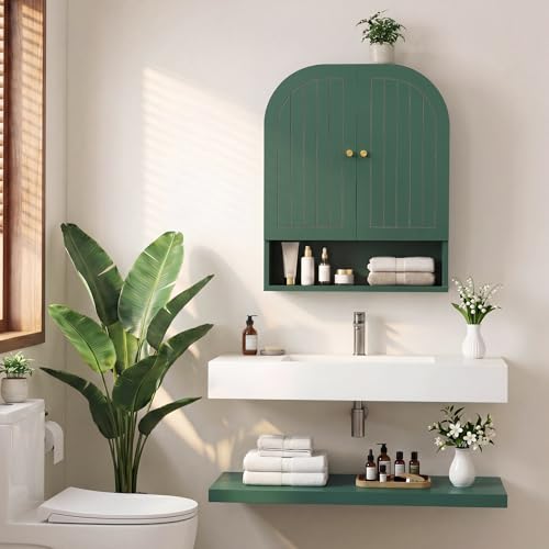 Arched Wall Mounted Medicine Cabinet, 23.5" Bathroom Cabinet with Double Doors, Fluted Grooved Design & Soft-Close Hinges, Over the Toilet Storage with Adjustable Shelf for Small Spaces (Green)