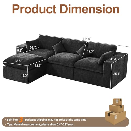 115''Cloud Boneless Sectional Couch, Modular Sectional Sofa Deep Seat with Ottoman, Oversized Upholstered Convertible Comfy 4 Seater Chenille Sofa L Shape Couches for Living Room, Dark - color: Dark, size: 115"/3 Seater+1 Ottoman