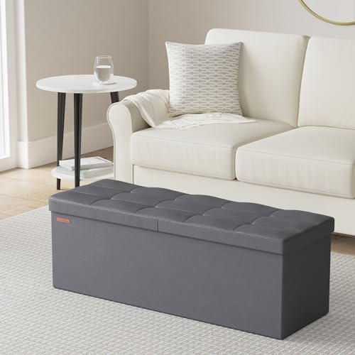SONGMICS MAZIE Collection - 43 Inches Storage Ottoman Bench with Flipping Lid, Storage Chest with Iron Frame Support, Load 660 lb, for Living Room, Bedroom, Synthetic Leather, Dark Gray ULSF075G01 - color: Dark Gray, size: 15"D x 43"W x 15"H, style: Class
