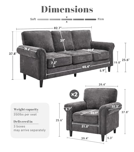 3 Seater Couch, Mid Century Modern Sofa Set with Rolled Arms and Deep Seats, Fluffy Comfort for Living Room, Apartment, Easy Assembly, Gray - color: Grey, size: Chenille Standard + 2 Chair